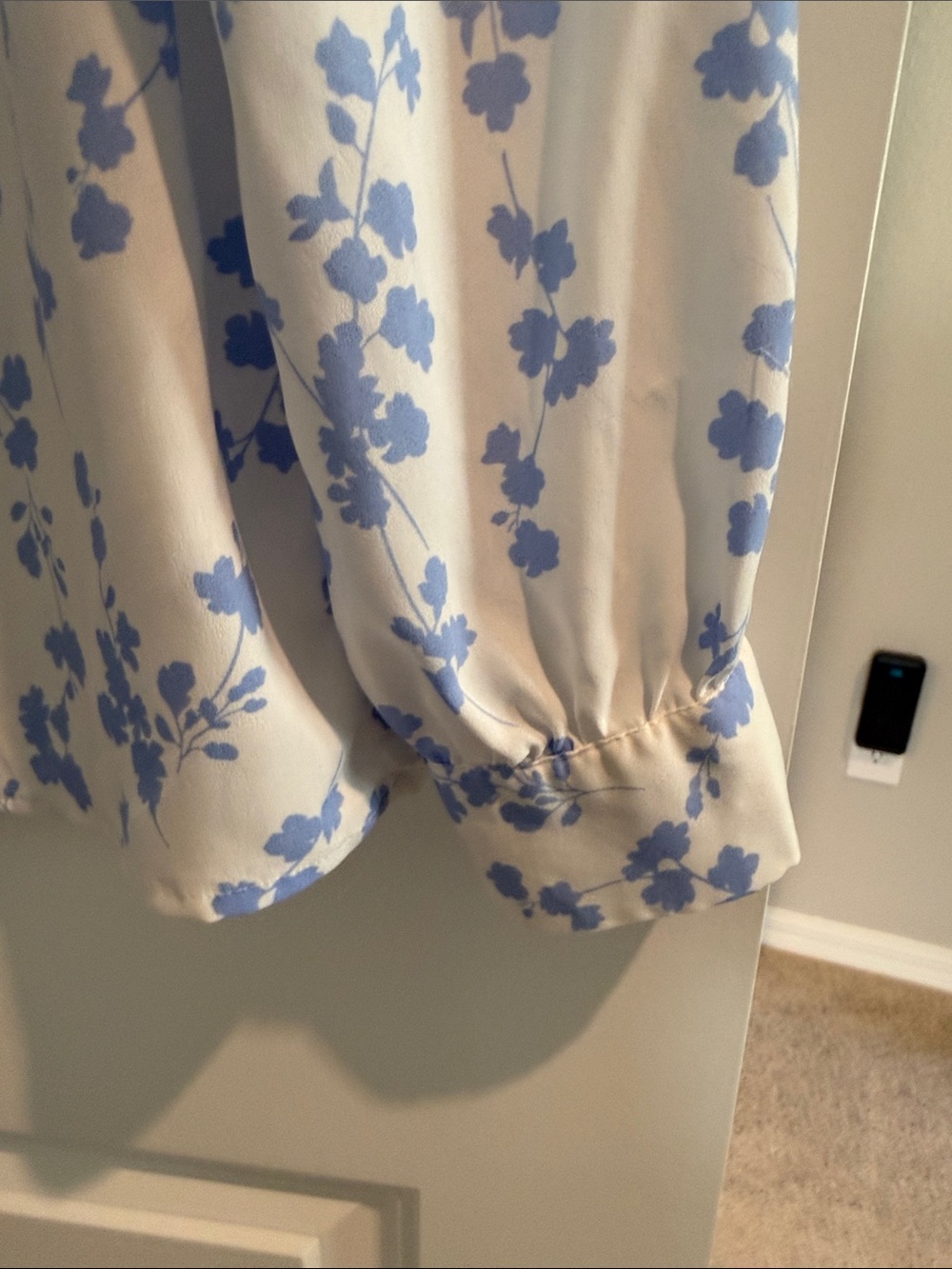 Ann Taylor White Blouse with Sky Blue Floral Print and Ruffle Trim - Picture 3 of 6